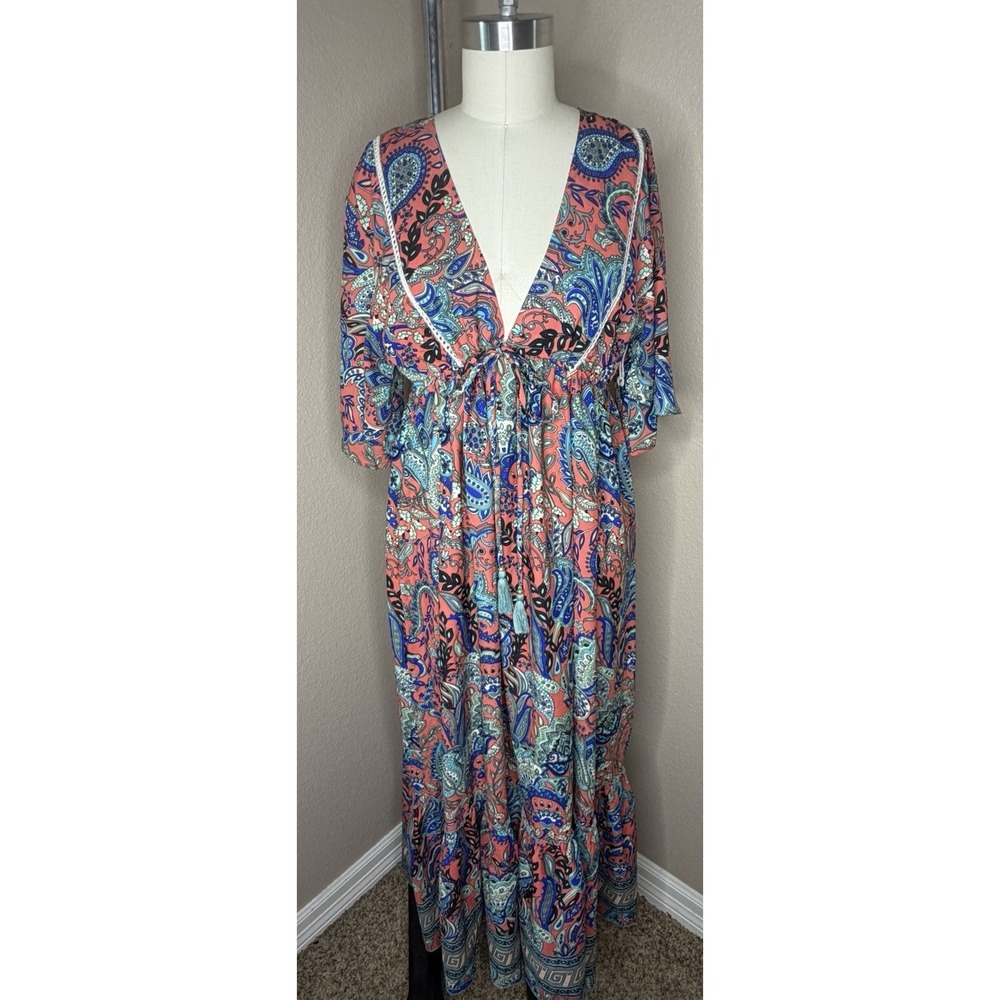 Boemo Paisley‎ Boho Maxi Dress M Coral Blue V-Neck Empire Waist Flowy